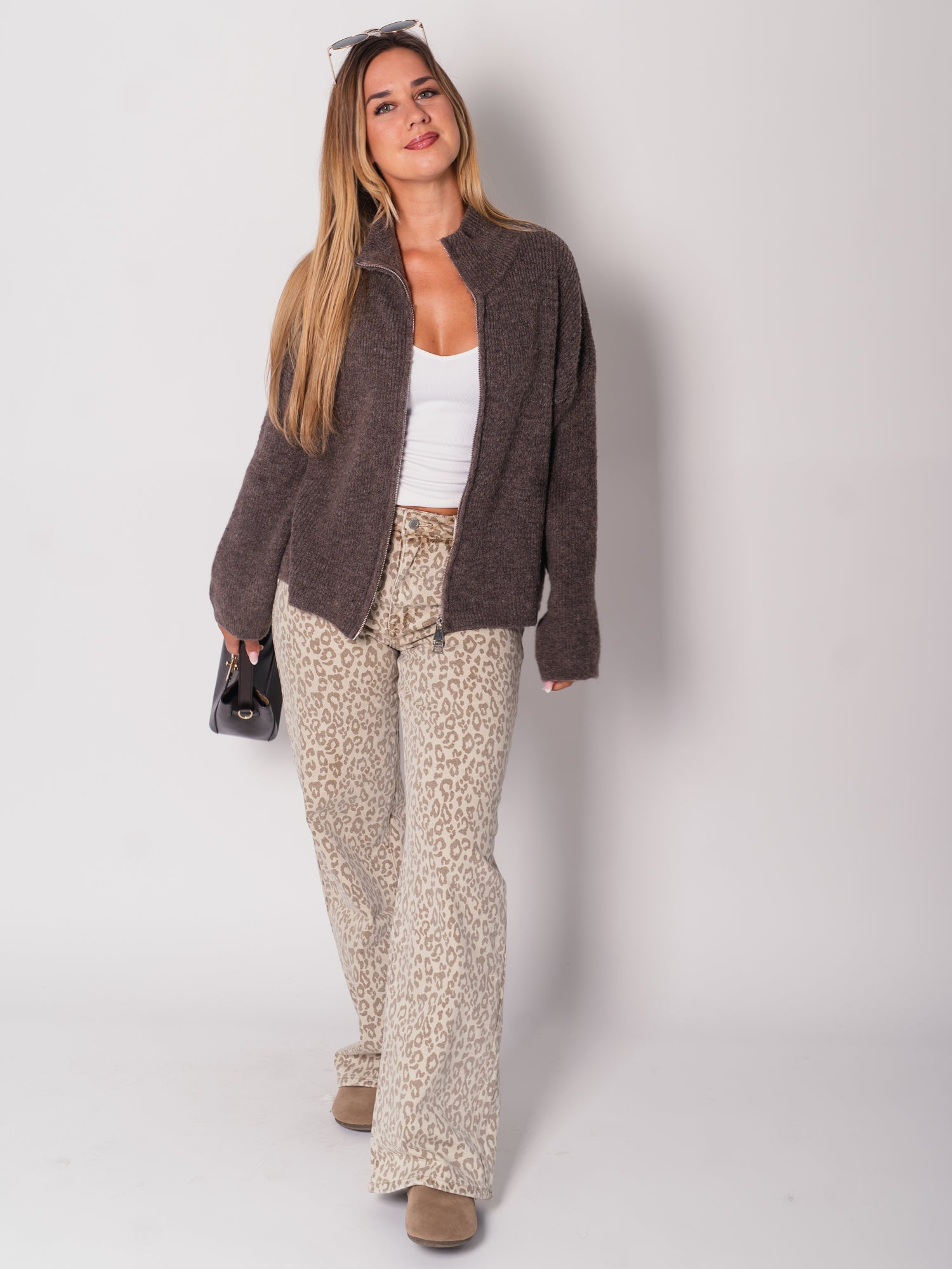 Zip Up Uni Cardigan - Coffee