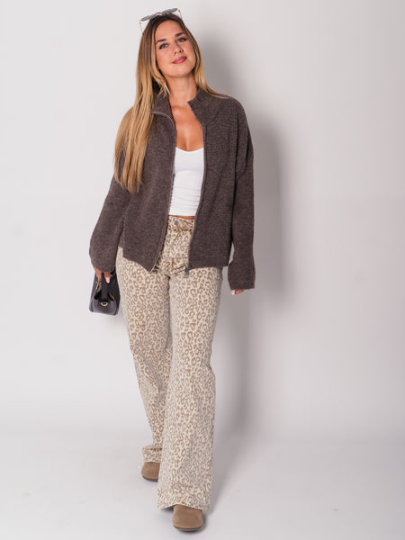 Zip Up Uni Cardigan - Coffee