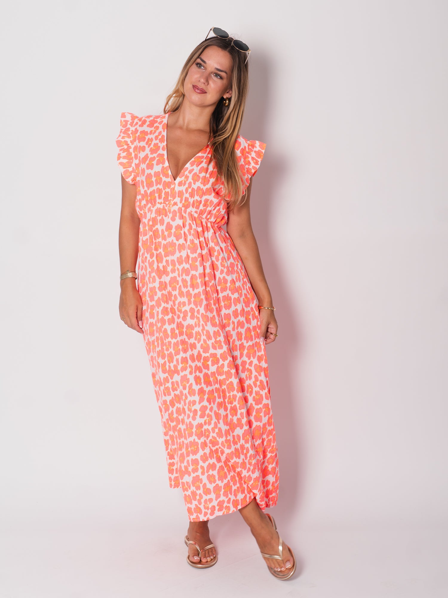 Leonora Musselin Kleid -  Leo/Orange/Weiß