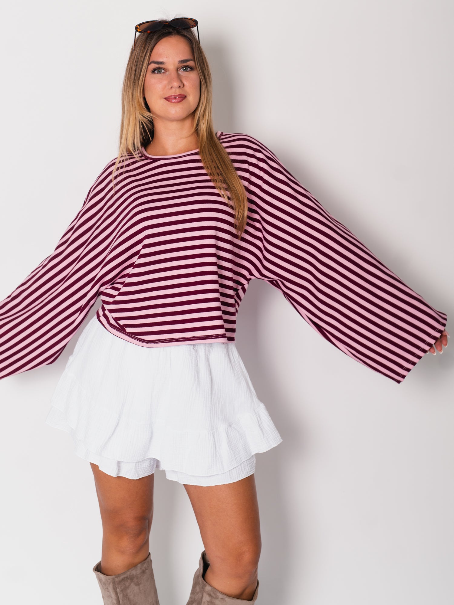 Belli Streifen Crop Shirt - Burgundy/Rosa