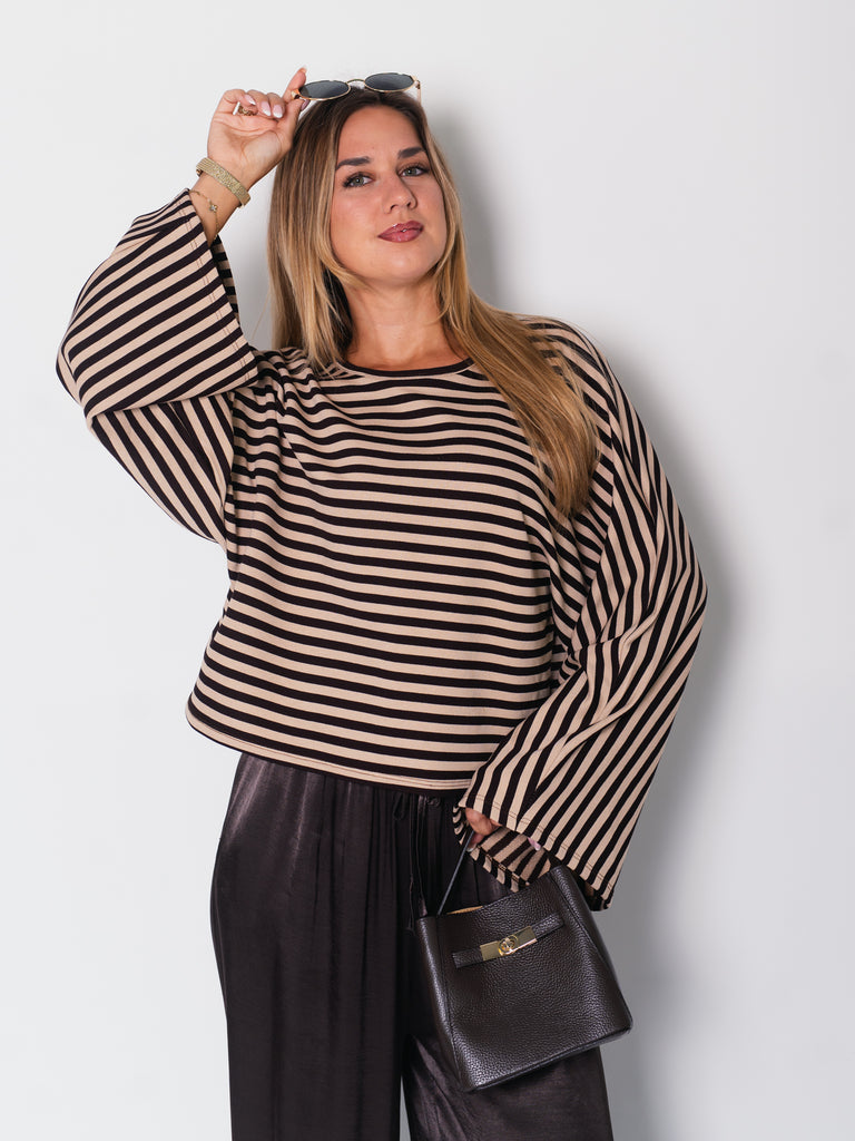 Belli Streifen Crop Shirt - Espresso/Beige
