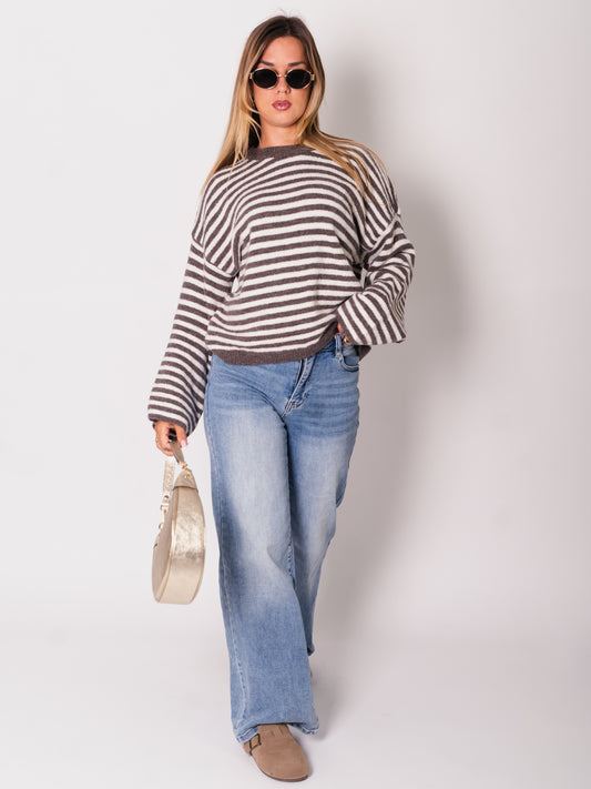 Despi Streifen Pullover - Taupe/Creme