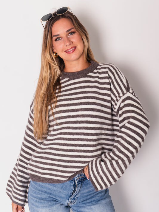 Despi Streifen Pullover - Taupe/Creme