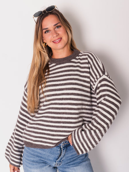 Despi Streifen Pullover - Taupe/Creme