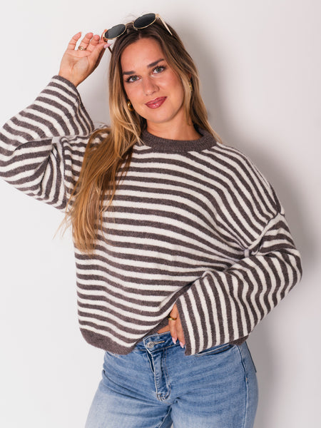 Despi Streifen Pullover - Taupe/Creme