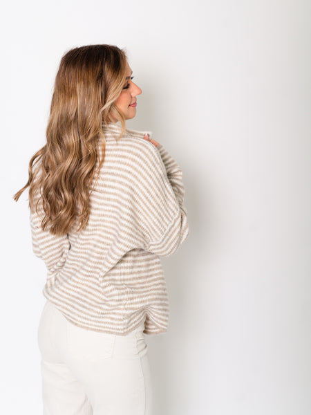 Zip Up Streifen Cardigan - Taupe/Beige
