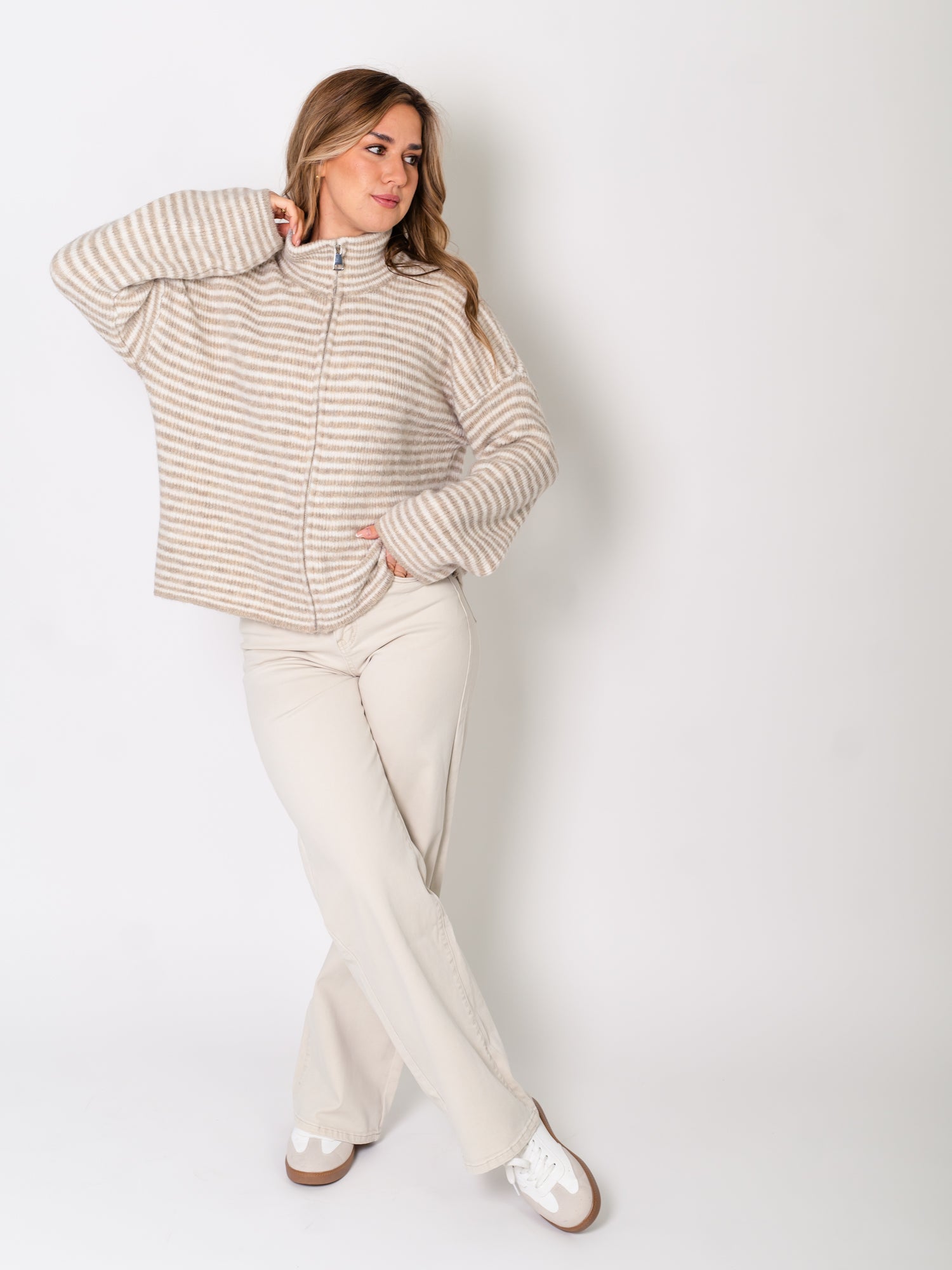 Zip Up Streifen Cardigan - Taupe/Beige
