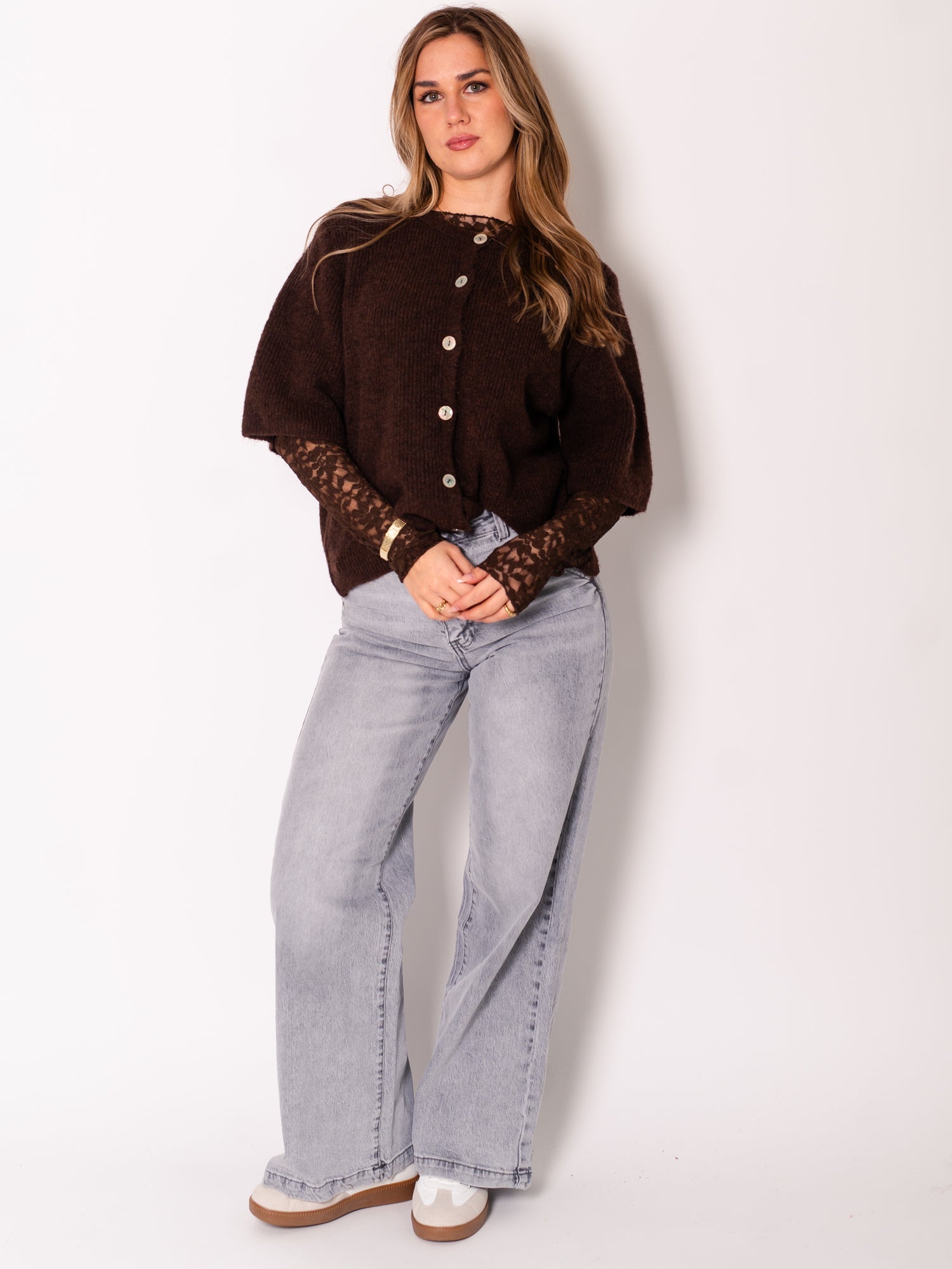 Soft Spitzen Langarm Shirt - Espresso