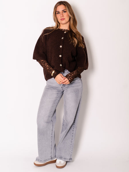Soft Spitzen Langarm Shirt - Espresso