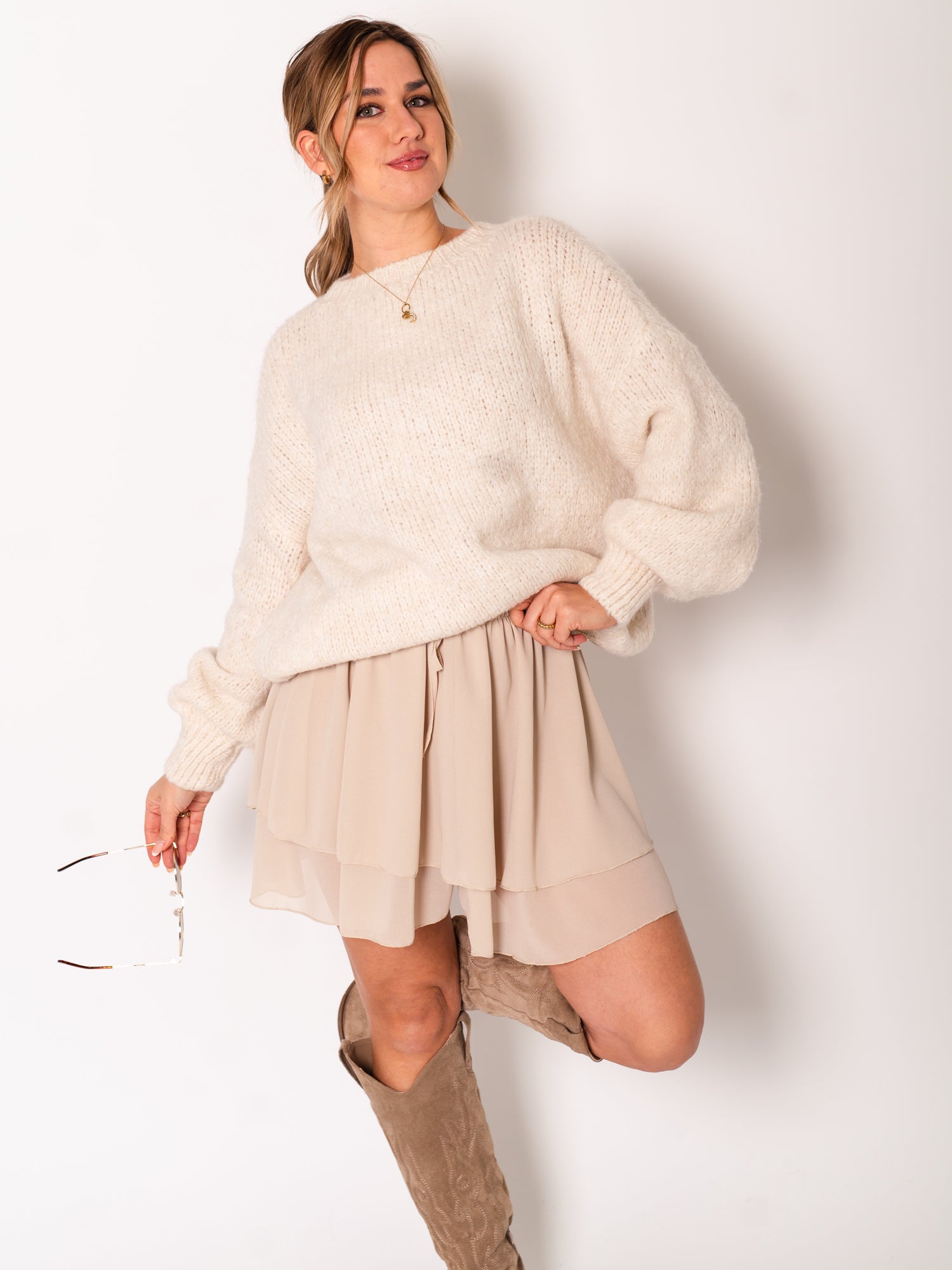 Flowy Volant Skort - Beige