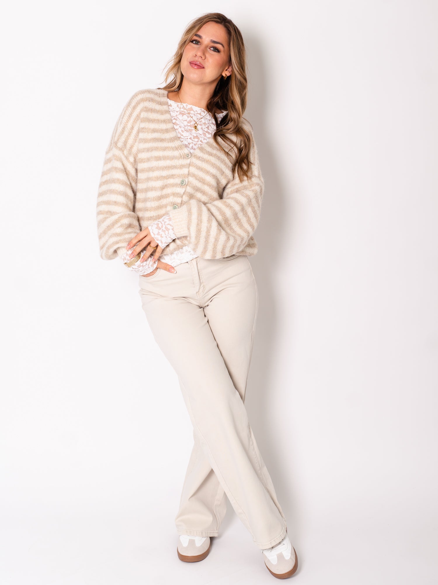 Mila Streifen Strickjacke - Creme/Beige