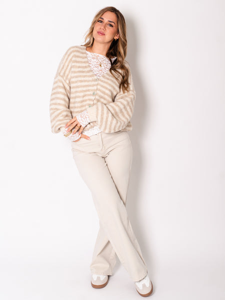 Mila Streifen Strickjacke - Creme/Beige