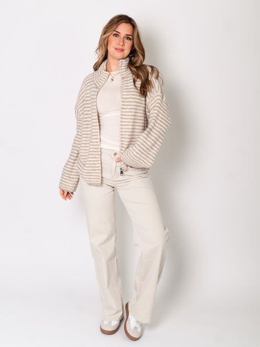 Zip Up Streifen Cardigan - Taupe/Beige