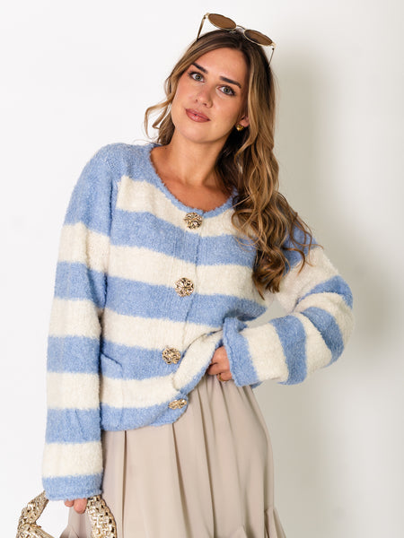 Candy Streifen Strickjacke - Blau/Creme