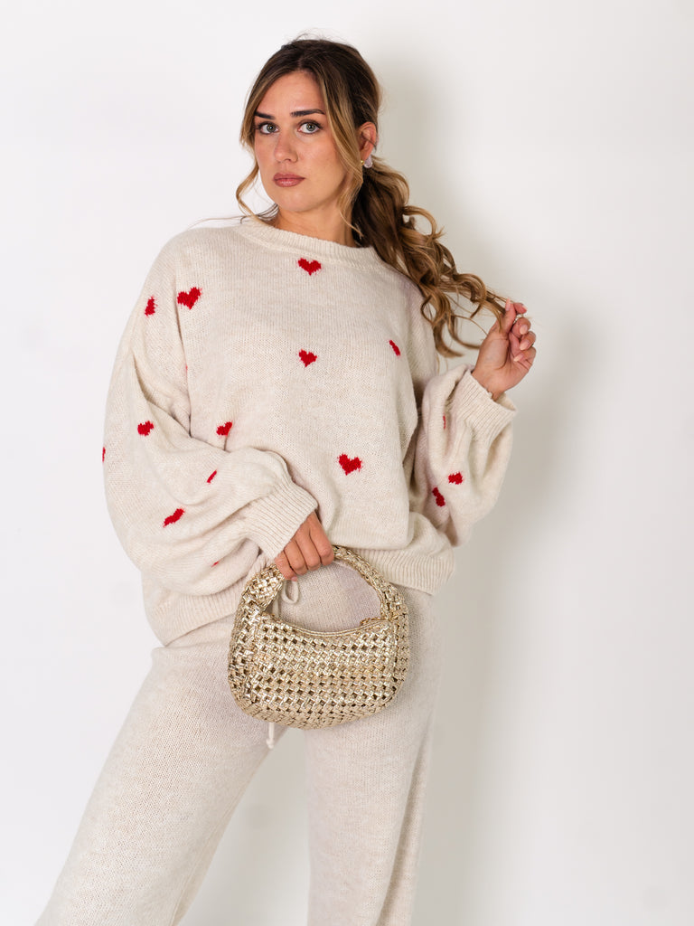 Heart Pullover - Beige/Rot