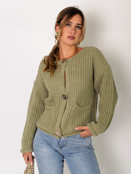 Luxe Button Strickjacke - Pistachio