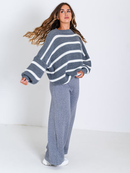 Sally Streifen Pullover - Grau/Weiß