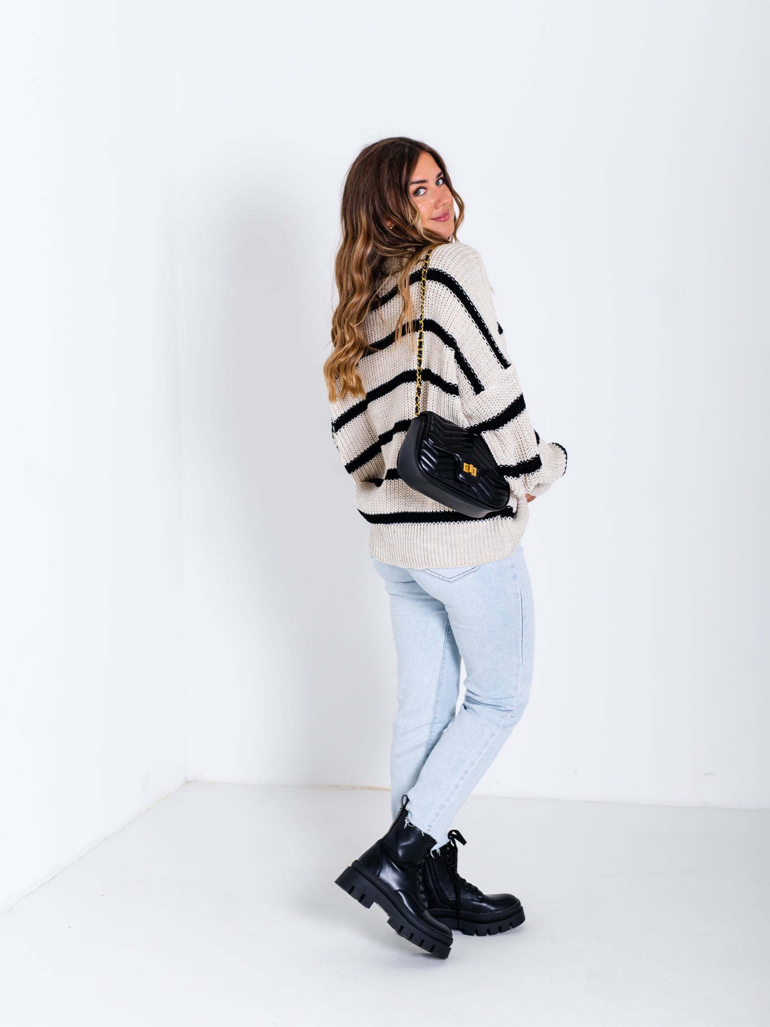 Sally Streifen Pullover - Beige/Schwarz
