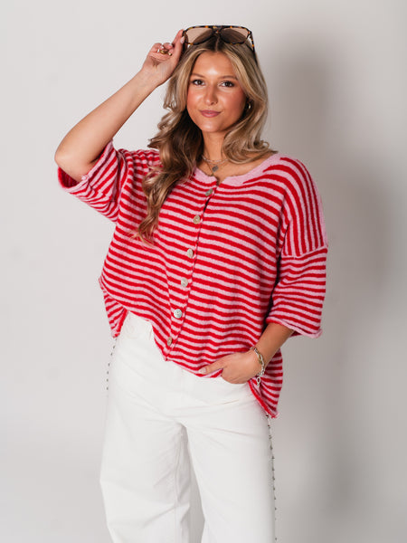 Sela Streifen Soft Strickjacke - Rosa/Rot