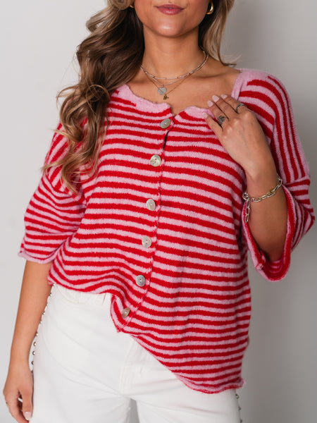 Sela Streifen Soft Strickjacke - Rosa/Rot