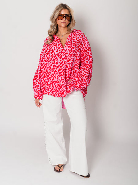 Leo Midi Waffle Bluse - Pink/Rot