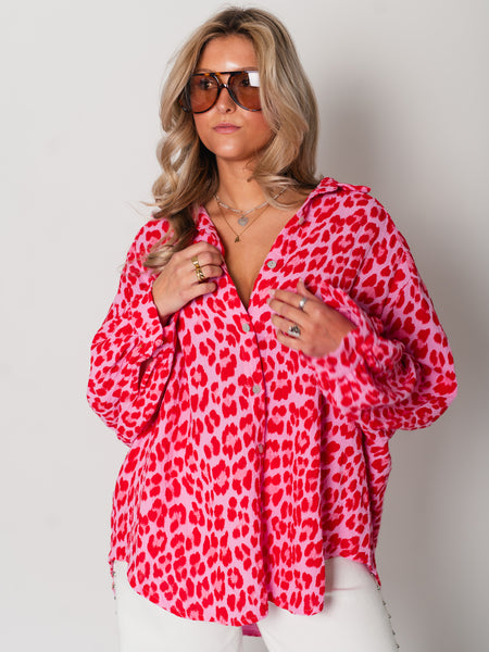 Leo Midi Waffle Bluse - Pink/Rot