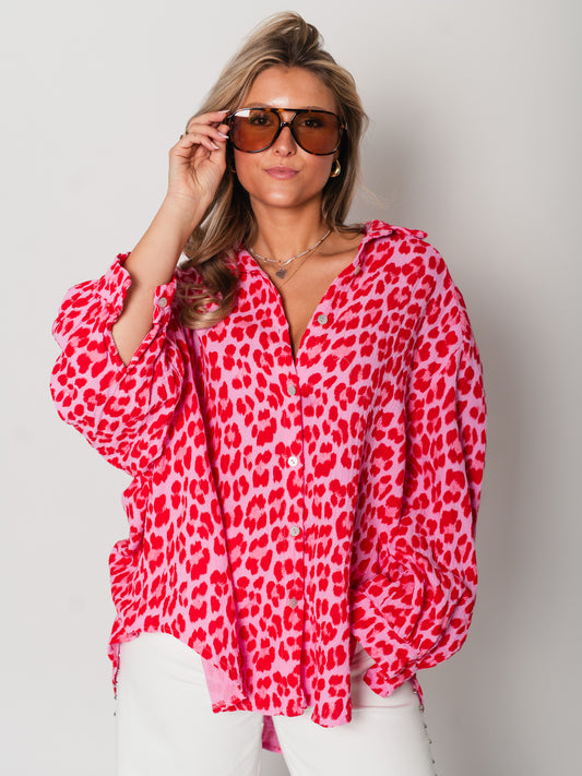 Leo Midi Waffle Bluse - Pink/Rot
