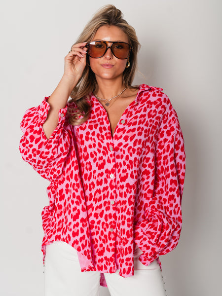 Leo Midi Waffle Bluse - Pink/Rot