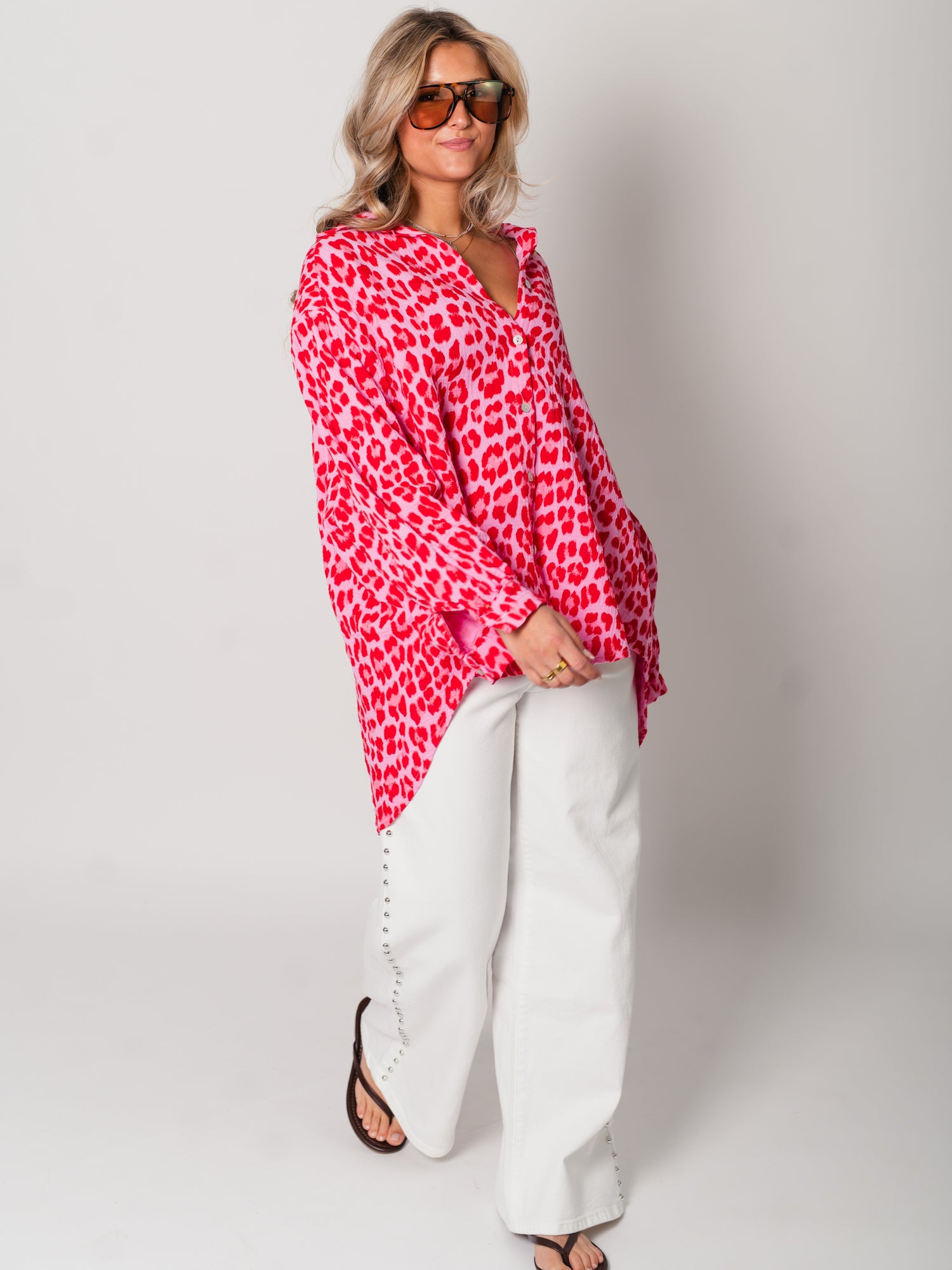 Leo Midi Waffle Bluse - Pink/Rot