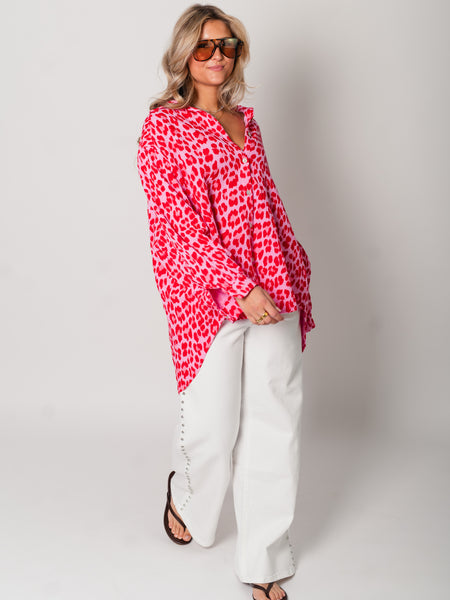 Leo Midi Waffle Bluse - Pink/Rot