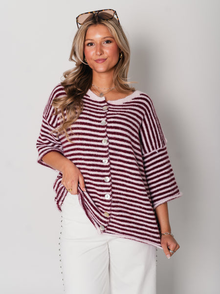 Sela Streifen Soft Strickjacke - Burgundy/Rosa