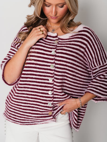 Sela Streifen Soft Strickjacke - Burgundy/Rosa