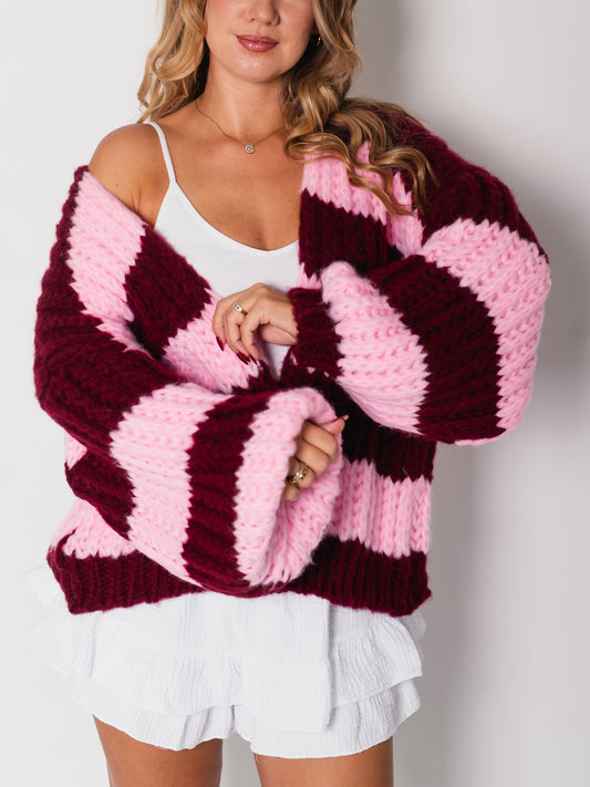 Fallen Streifen Strickjacke - Burgundy/Rosa