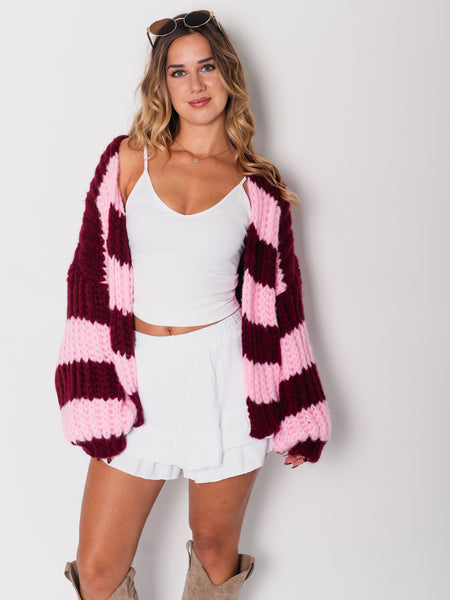 Fallen Streifen Strickjacke - Burgundy/Rosa