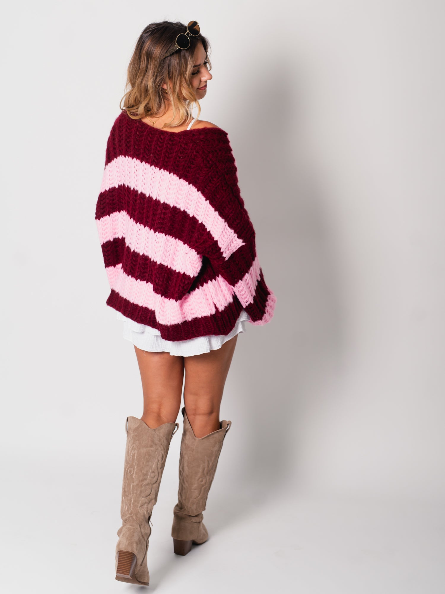 Fallen Streifen Strickjacke - Burgundy/Rosa