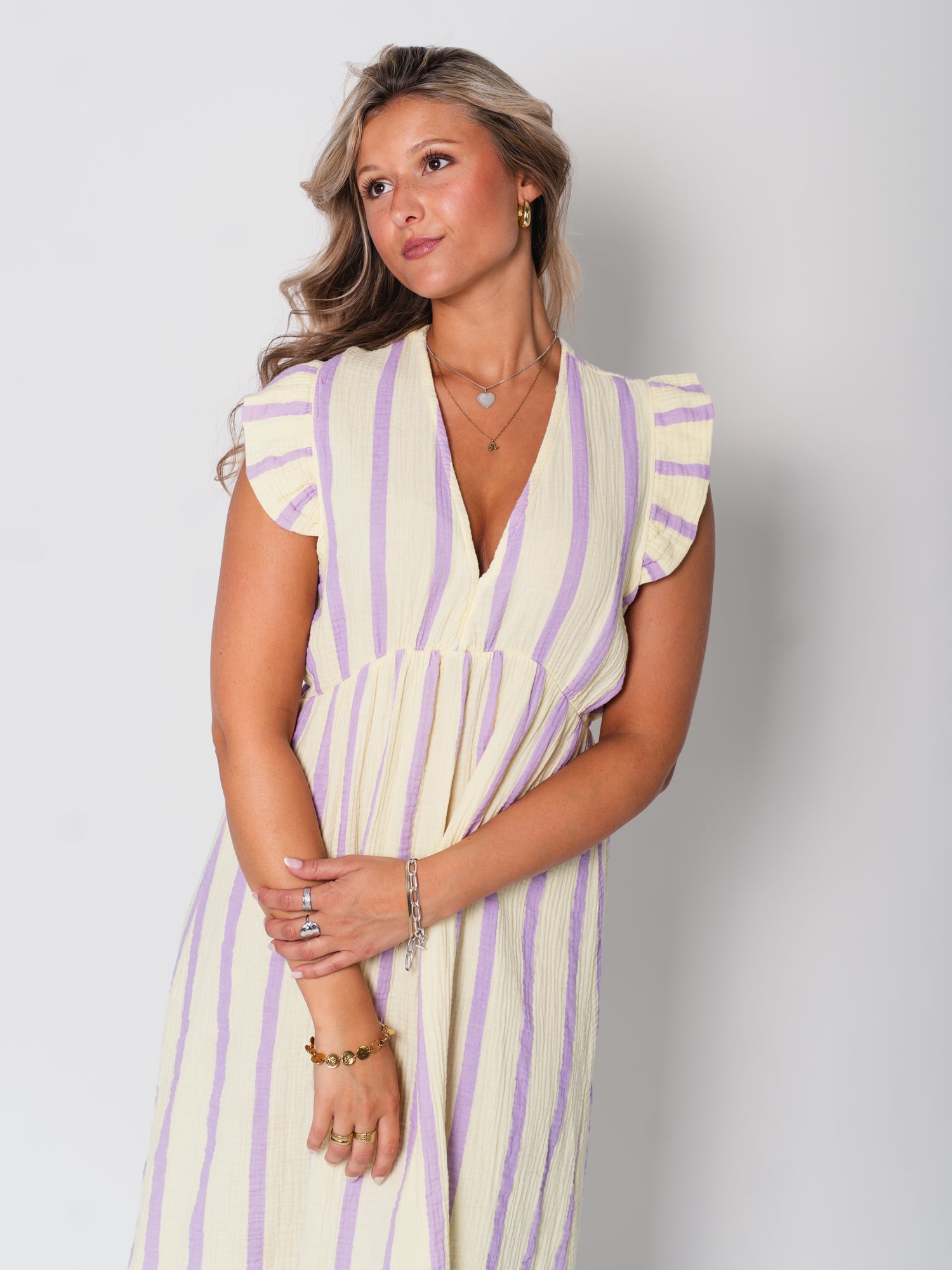 Leonora Musselin Kleid -  Streifen/Lila/Gelb