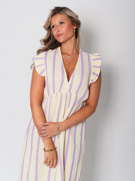 Leonora Musselin Kleid -  Streifen/Lila/Gelb
