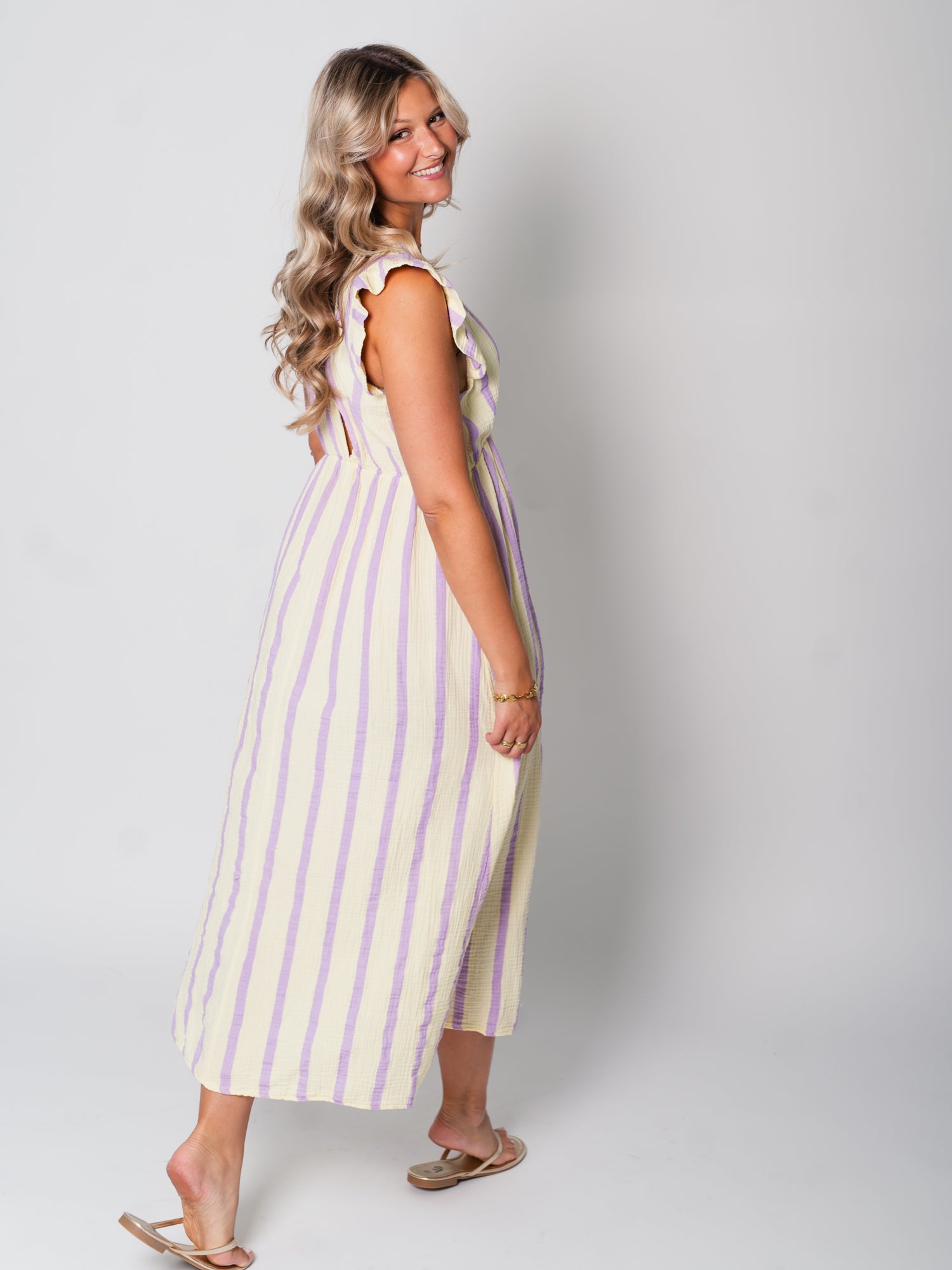 Leonora Musselin Kleid -  Streifen/Lila/Gelb