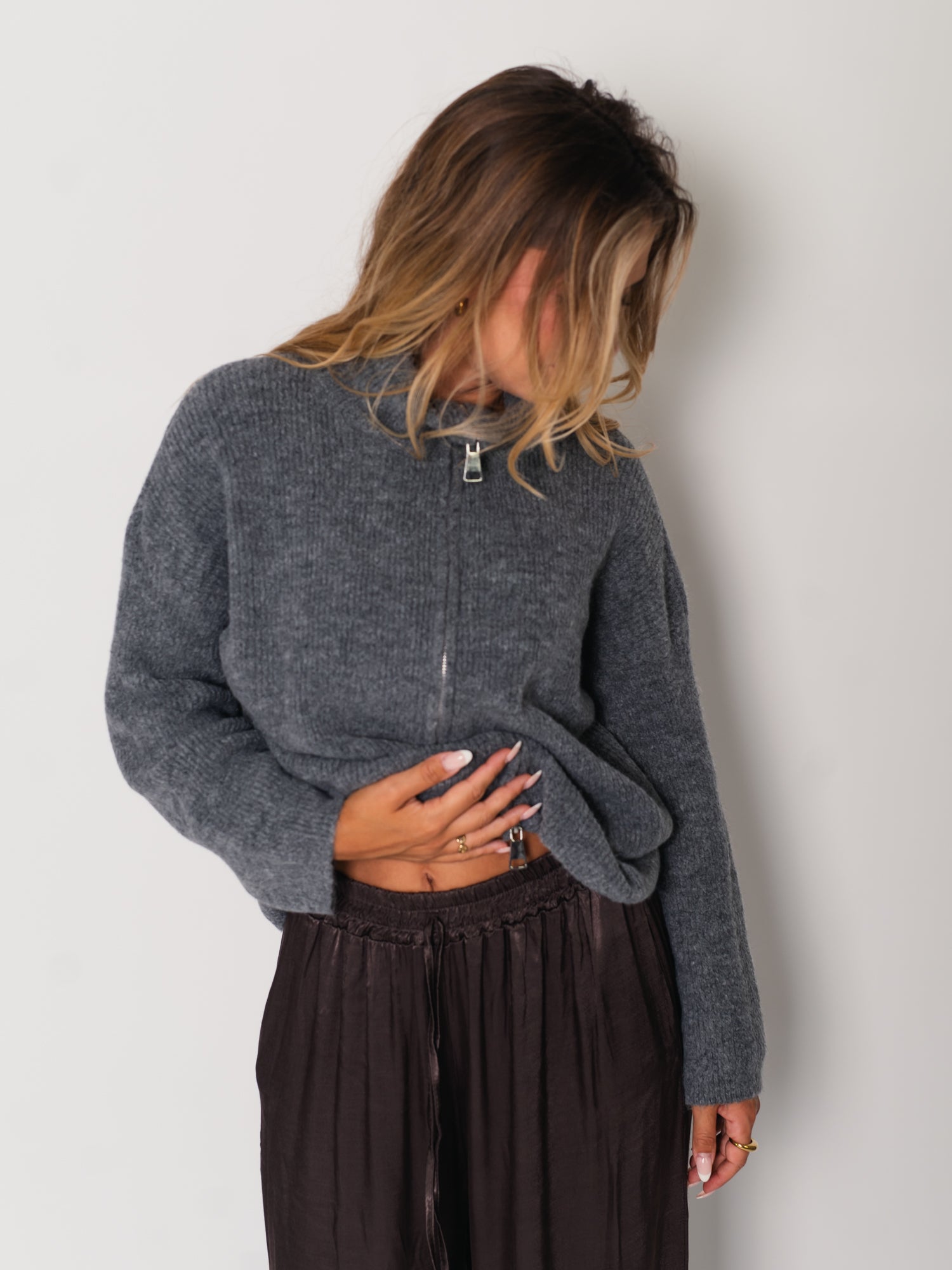 Zip Up Uni Cardigan - Grau