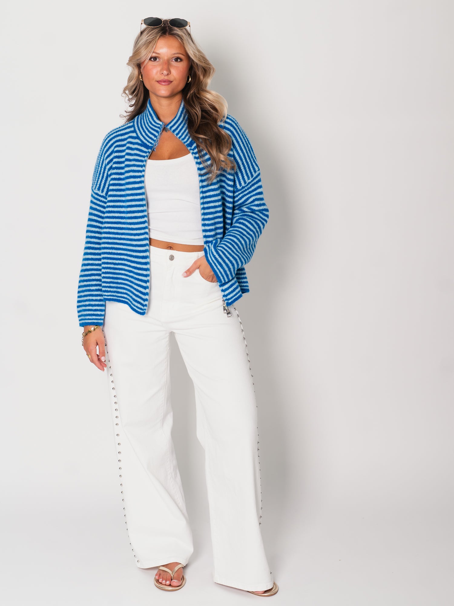Zip Up Streifen Cardigan - Hellblau/Blau