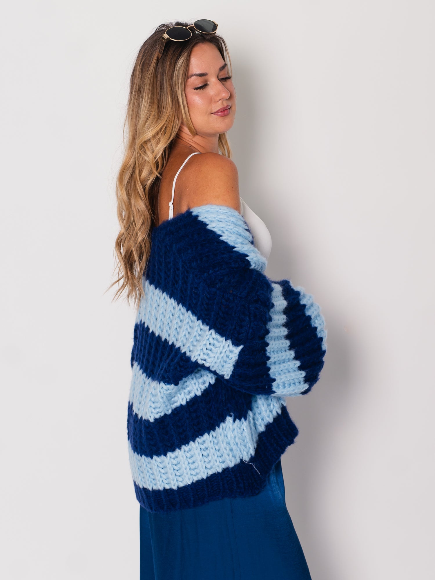 Fallen Streifen Strickjacke - Navy/Hellblau