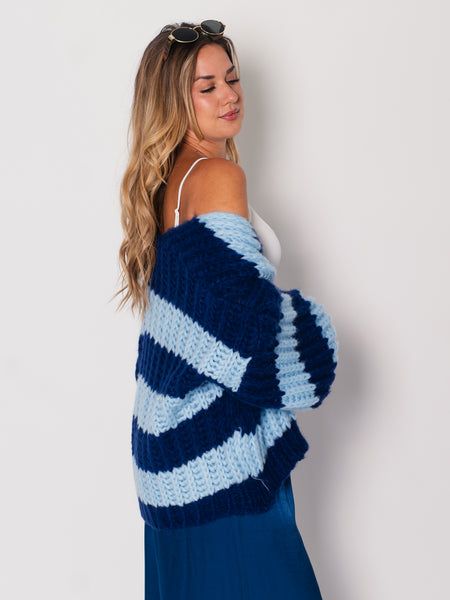Fallen Streifen Strickjacke - Navy/Hellblau