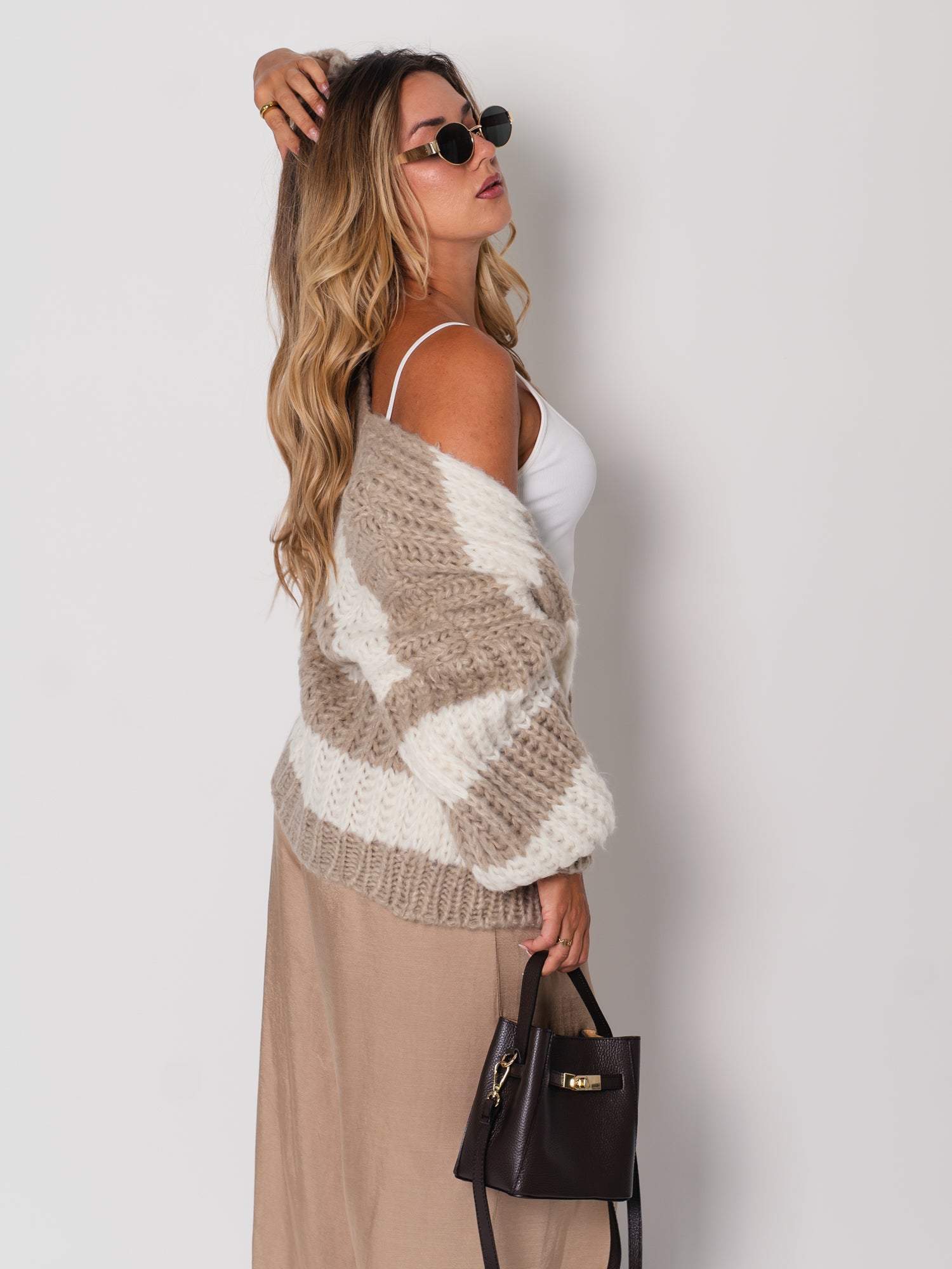 Fallen Streifen Strickjacke - Taupe/Creme