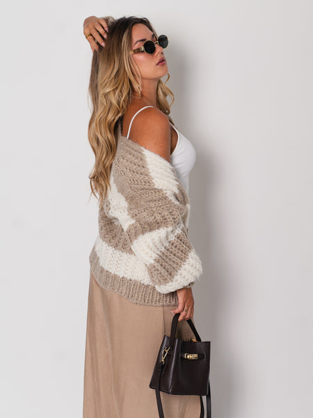 Fallen Streifen Strickjacke - Taupe/Creme