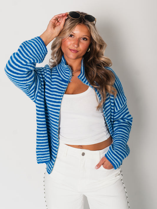 Zip Up Streifen Cardigan - Hellblau/Blau