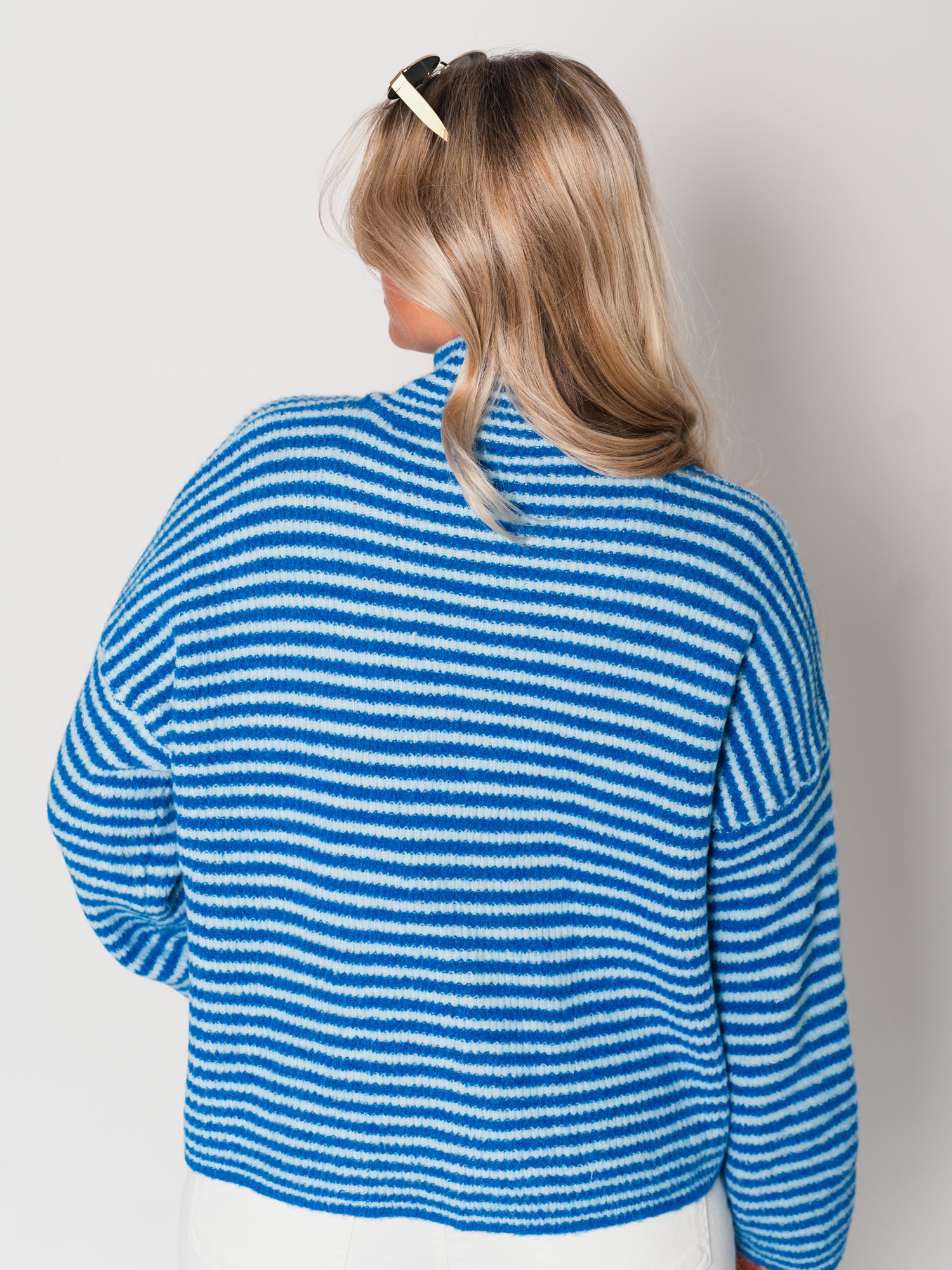Zip Up Streifen Cardigan - Hellblau/Blau