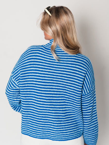 Zip Up Streifen Cardigan - Hellblau/Blau