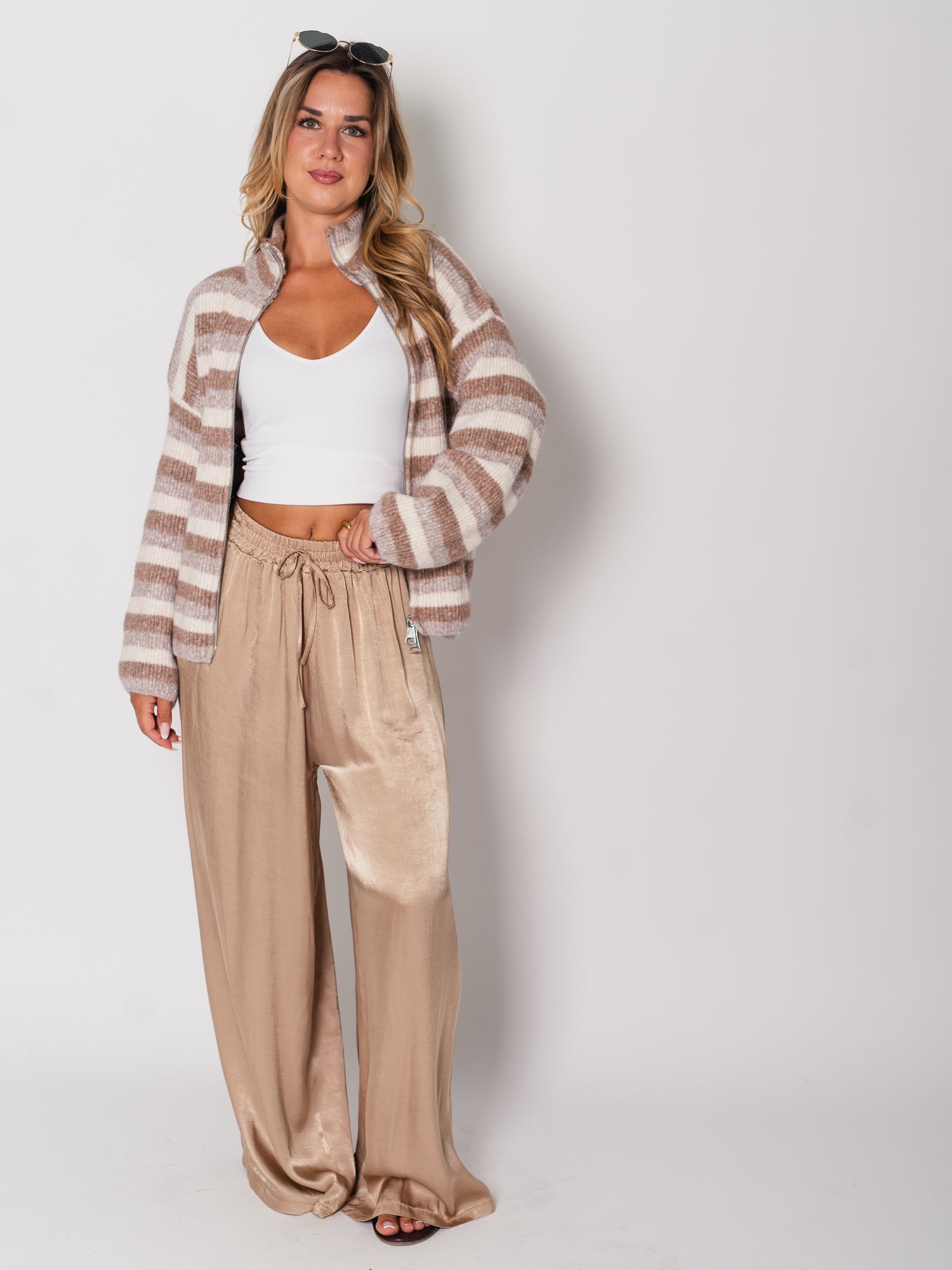 Zip Up Streifen Cardigan - Taupe/Beige/Braun
