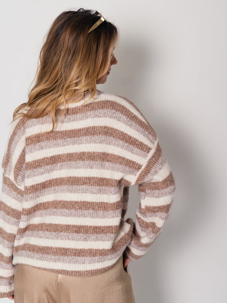 Zip Up Streifen Cardigan - Taupe/Beige/Braun