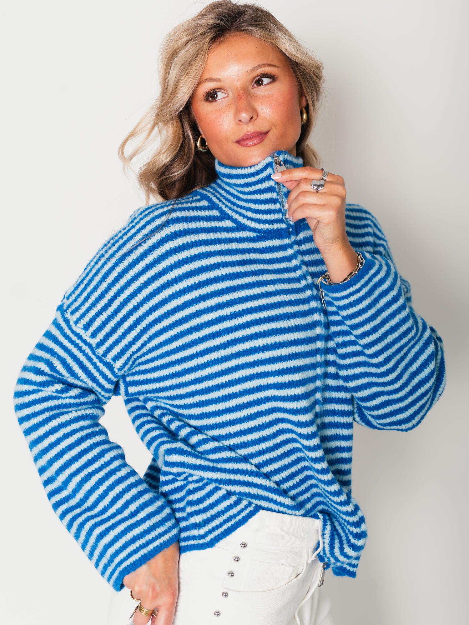 Zip Up Streifen Cardigan - Hellblau/Blau